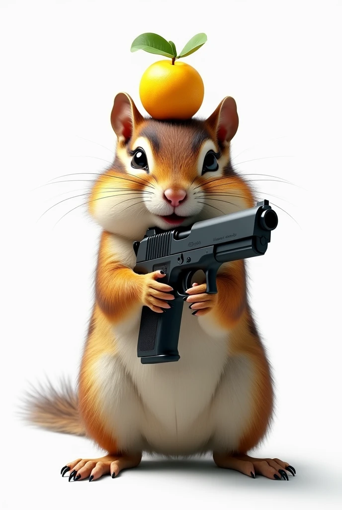 (masterpiece, best quality, ultra detailed, 8k, photorealistic, hyperrealistic photo), A chipmunk is holding a gun in an open car, A little Yuzu is sitting on the squirrel's head, Background is white,