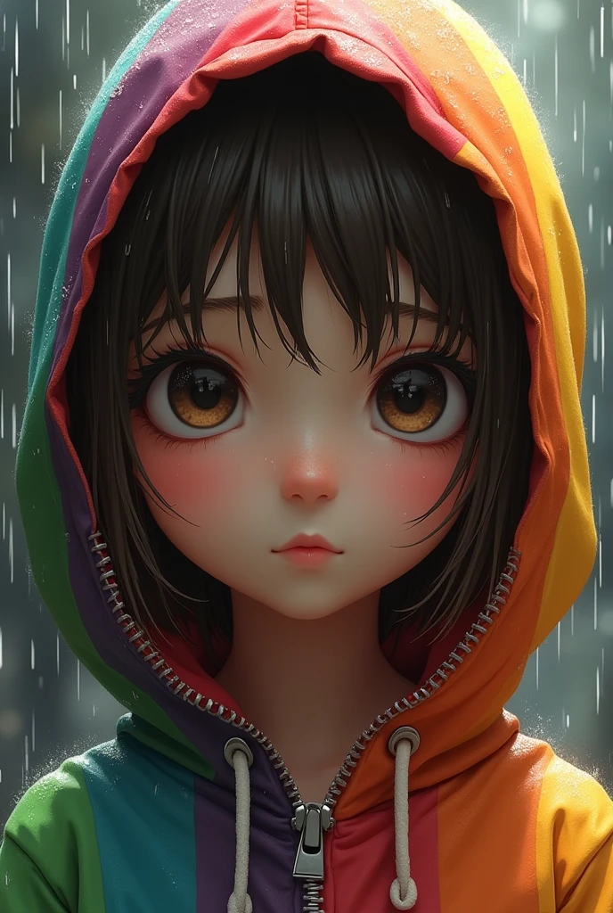 A close-up of a young girl with large, expressive eyes. She has a colorful rainbow-themed hoodie on, which is wet from rain, as evidenced by the water droplets on it. The hoodie is zipped up, and the girl's face is partially obscured by it. The background appears to be rainy, with droplets visible all around. The girl's hair is a mix of brown and green, and she has a neutral expression on her face.