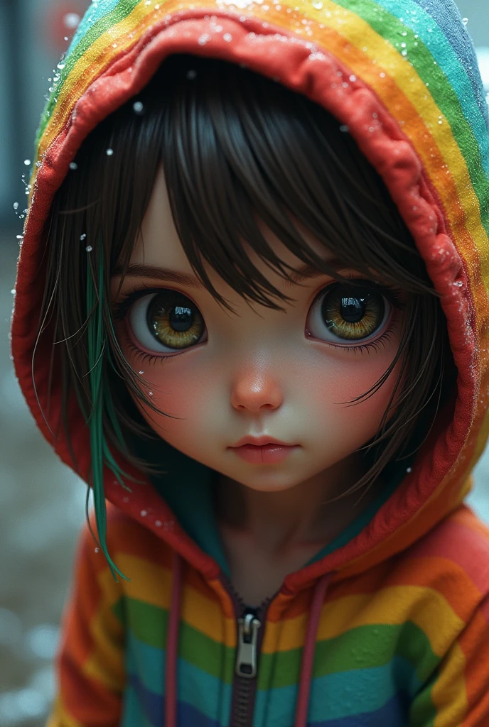 A close-up of a young girl with large, expressive eyes. She has a colorful rainbow-themed hoodie on, which is wet from rain, as evidenced by the water droplets on it. The hoodie is zipped up, and the girl's face is partially obscured by it. The background appears to be rainy, with droplets visible all around. The girl's hair is a mix of brown and green, and she has a neutral expression on her face.