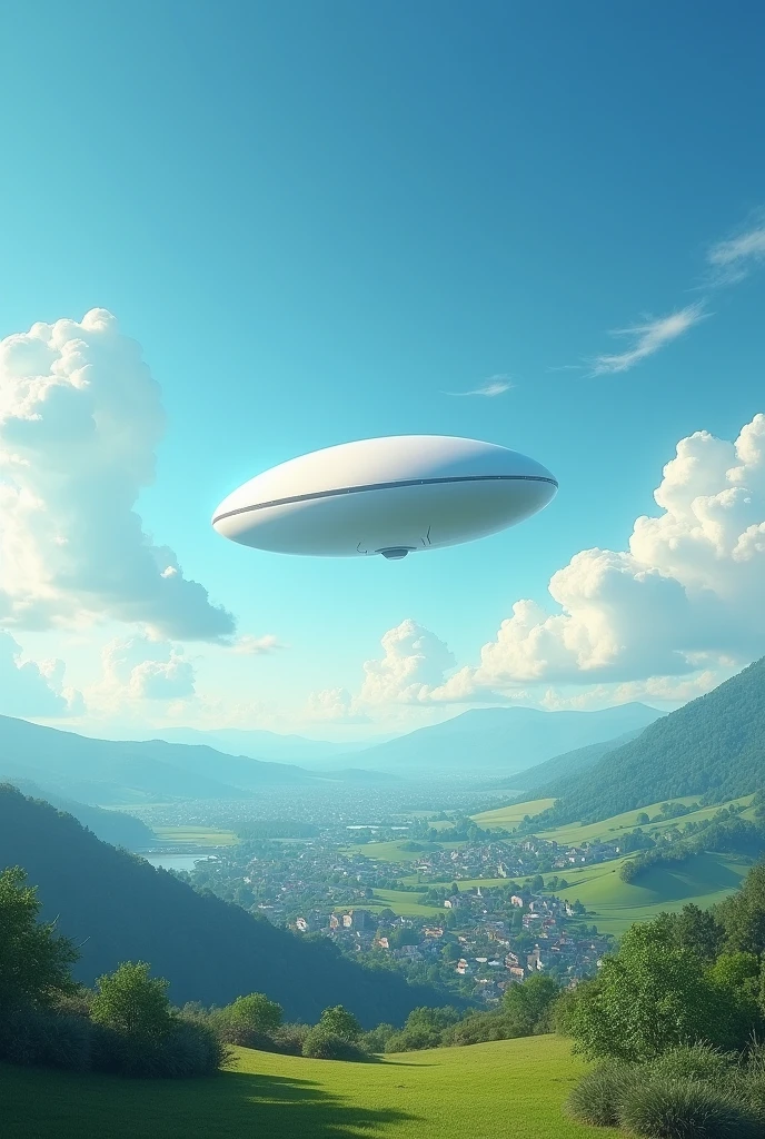 Blue sky with clouds and a white Tylenol shaped capsule ufo in the sky and the view of land and homes down below close up
