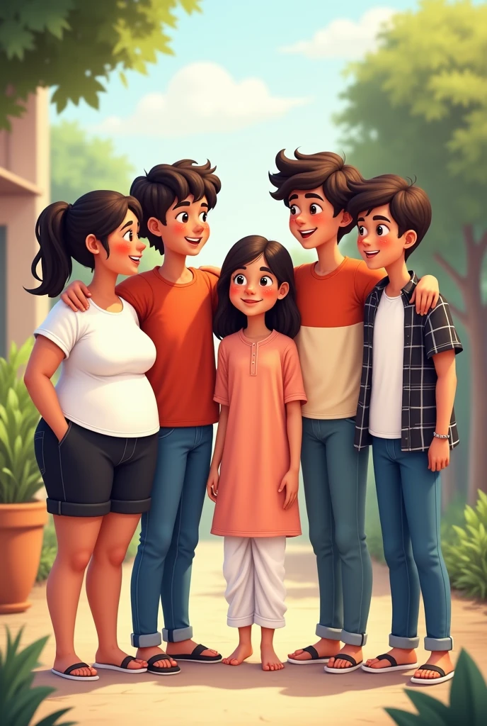 Groups of 5 friends there are 2 girls and three boys thwre one girl is chubby and wear white colur tshirt and bkack half pant and second girl wear peach kurti and white pajama she has small round face first boy wear blue jeans and red tshirt and second boy wear white and black tshirt and black lower third boy wear checked shirt and blue jeans