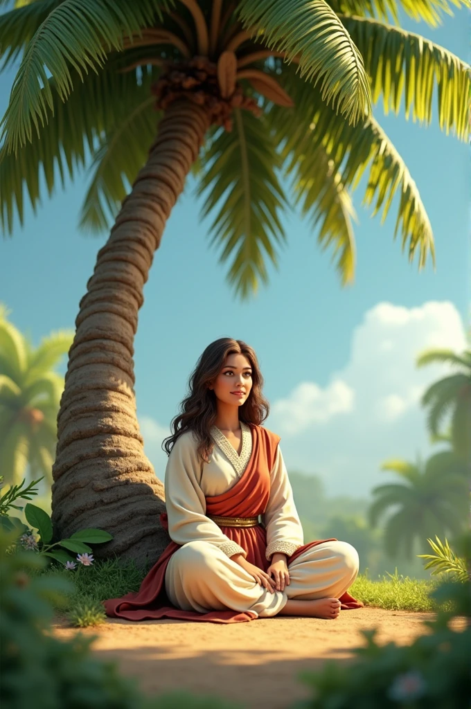 3D drawing of Debora under a coconut tree in Biblical times