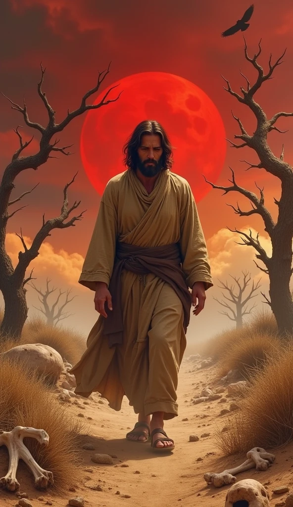 Jesus, with a worried expression, his dark hair disheveled and his worn brown clothes, is walking in the very dry desert, around the bones of cattle killed by the extreme drought (with little skin and meat), his short beard splashed with touches of red and worn clothes in earth tones. Dusty and tiring path, surrounded by dry olive trees, their twisted branches stretching towards the black clouds, which undulate like waves of death, placed against a dramatic blood red sky. In the background, the bones whisper for help in contrast with (bloodthirsty vultures hungry for death), particles of dust, blood and sweat evidence a terrifying reality of drought and death, using the best techniques of modern surrealism with cinematic hyper-realism.