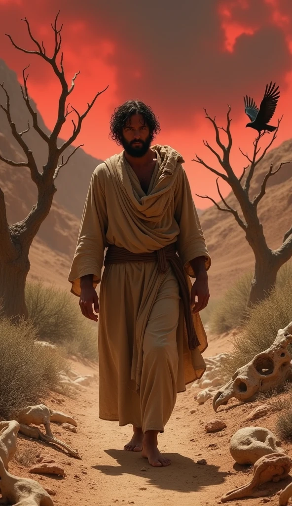 Jesus, with a worried expression, his dark hair disheveled and his worn brown clothes, is walking in the very dry desert, around the bones of cattle killed by the extreme drought (with little skin and meat), his short beard splashed with touches of red and worn clothes in earth tones. Dusty and tiring path, surrounded by dry olive trees, their twisted branches stretching towards the black clouds, which undulate like waves of death, placed against a dramatic blood red sky. In the background, the bones whisper for help in contrast with (bloodthirsty vultures hungry for death), particles of dust, blood and sweat evidence a terrifying reality of drought and death, using the best techniques of modern surrealism with cinematic hyper-realism.