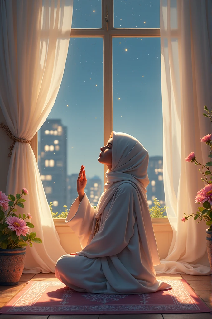 Create a visually calming and appealing thumbnail for a Muslim lady, wearing Muslim dress, covered her hear with hijab, sitting in peay carpet, raised her hand and looking up, Feature a serene night scene with soft pastel colors, a cozy room with ambient lighting, and a window showing a tranquil cityscape or starry sky. you can see flowers and greenery and rain in the glass of the window, around the window there is off-white curtains and nice lightining reflected on the curtains
