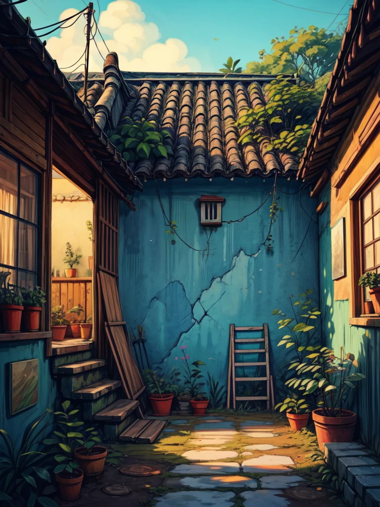 wide view, ghibli art scene, indian hut, cracked walls, blue faded paint, stairs, banyan tree outside, blue pinkish sky, evening time, earthy tones, clothes hanging on wire, windy, plant pots outside, old broken small gate, mud verandah, shed, cozy atmosphere, micro landscape, intrinsic details, masterpiece