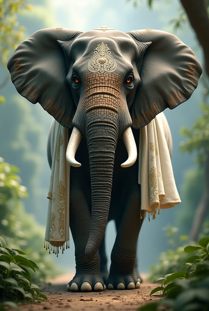 Elephant with wight color, standing with cloths