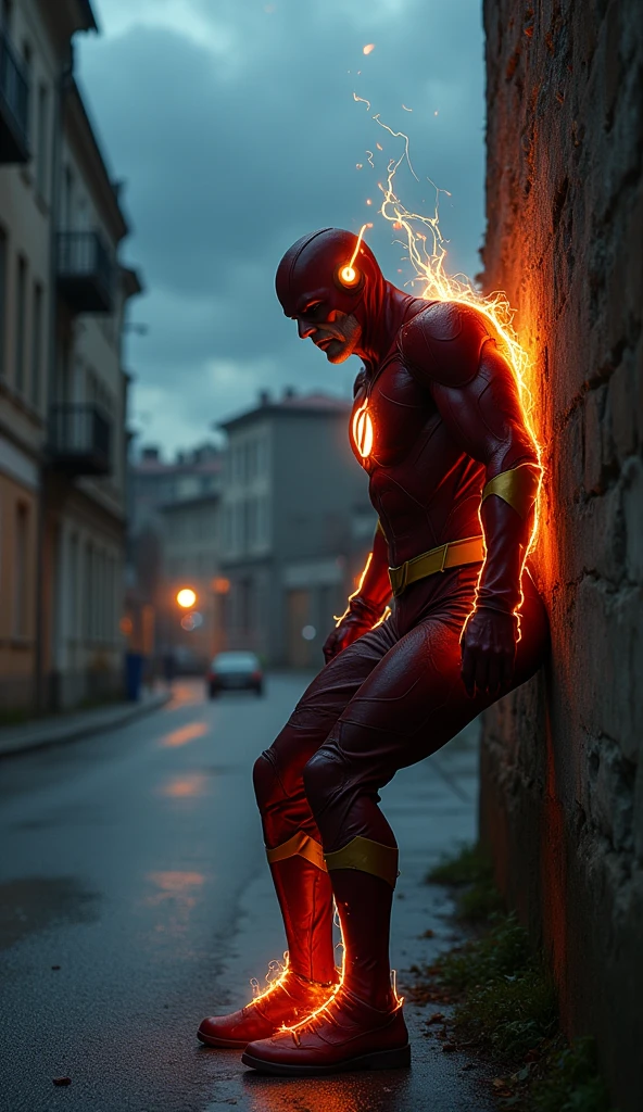 Old Flash or Barry Allen, 8 now slower, tries to run but stumbles. His lightning is dim and flickering. He catches his breath, leaning on a wall. Background: A deserted city street at dusk, the sky filled with ominous clouds. Narration: "The speedster's race against time... is coming to an end."