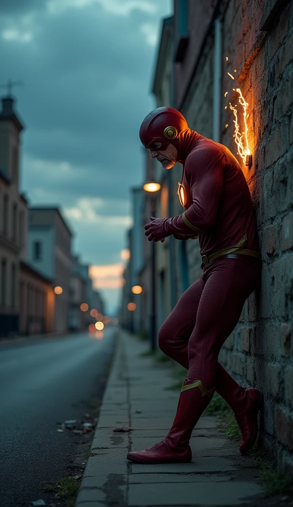 Old Flash or Barry Allen, 8 now slower, tries to run but stumbles. His lightning is dim and flickering. He catches his breath, leaning on a wall. Background: A deserted city street at dusk, the sky filled with ominous clouds. Narration: "The speedster's race against time... is coming to an end." 
