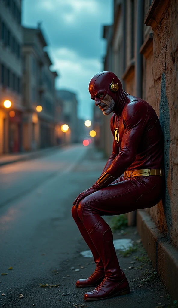 Old Flash or Barry Allen, 8 now slower, tries to run but stumbles. His lightning is dim and flickering. He catches his breath, leaning on a wall. Background: A deserted city street at dusk, the sky filled with ominous clouds. Narration: "The speedster's race against time... is coming to an end."