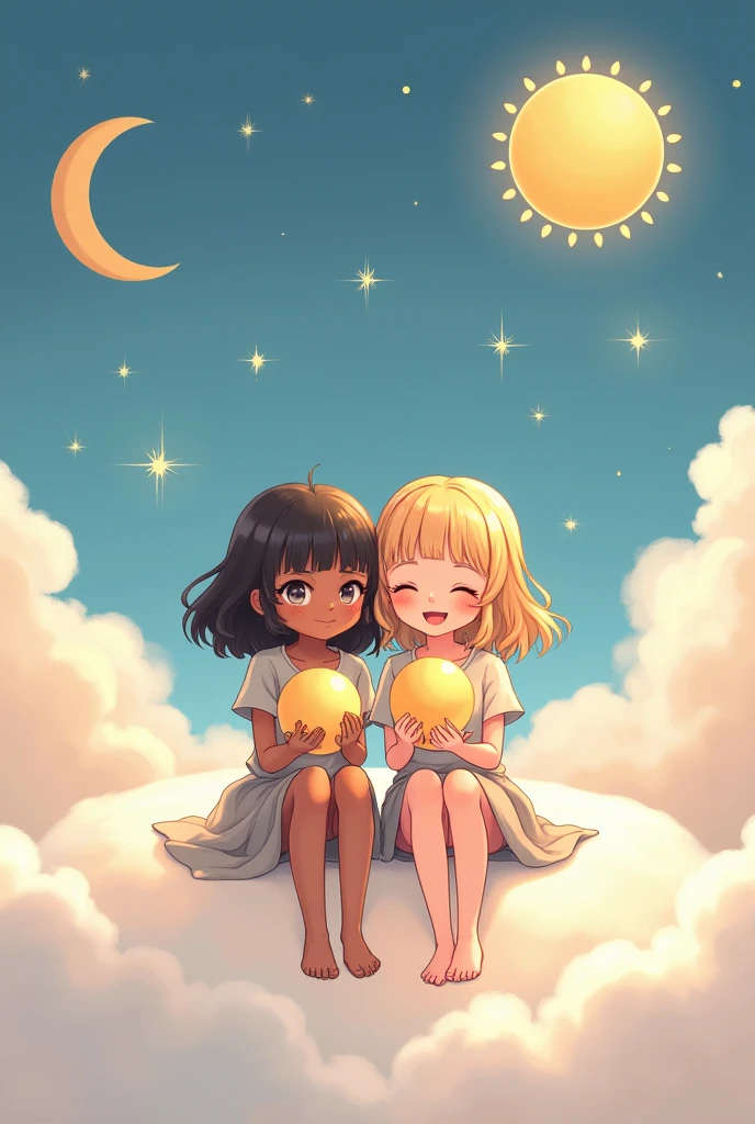 Two girls bestie
One is brown and other is fair
They sit on cloud ☁️
Sun and moon are in their hands
Stars also 🌟
Okk 👌 please write their name koko and Anshi in style