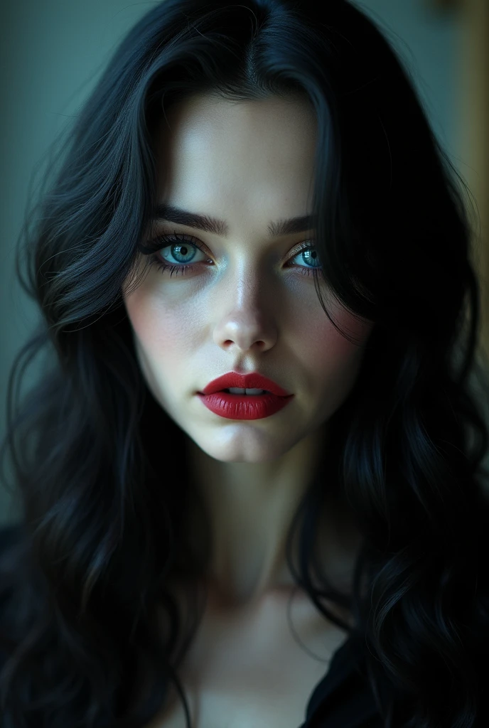 A young woman with blue eyes, black hair, villainous beauty, white skin, long hair