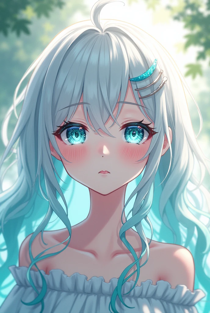 An anime girl about . She has white and turquoise long curly hair, and blue eyes that sparkle like crystals. Her hair is loosely tied on both sides with crescent-shaped hairpins. I want her more shy and mature