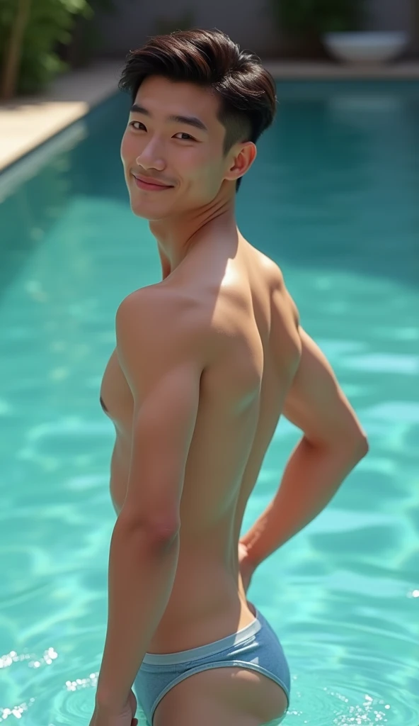 redhead boy, naked, without clothes, showing butt, bog butt, butt focus, pool, excited, big bulge, erotic, full body, looking for viewer, boys in background, high detailed face