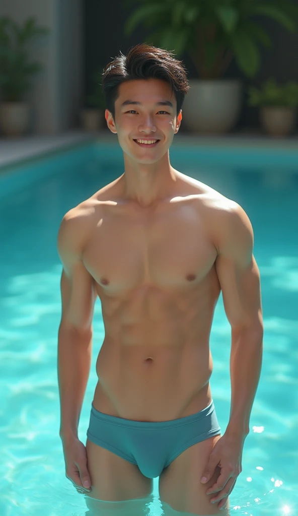 1 Chinese young man, cute, smiling slightly, good figure, beautiful muscles, wearing underwear, very bulging target, background, swimming pool