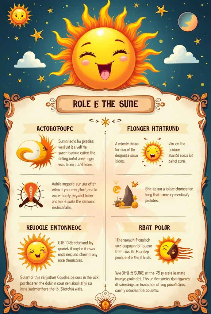 can you create a summary sheet in image , fun and simple, explaining with 5 words of summary the influence of the sun in the astrological theme In French
