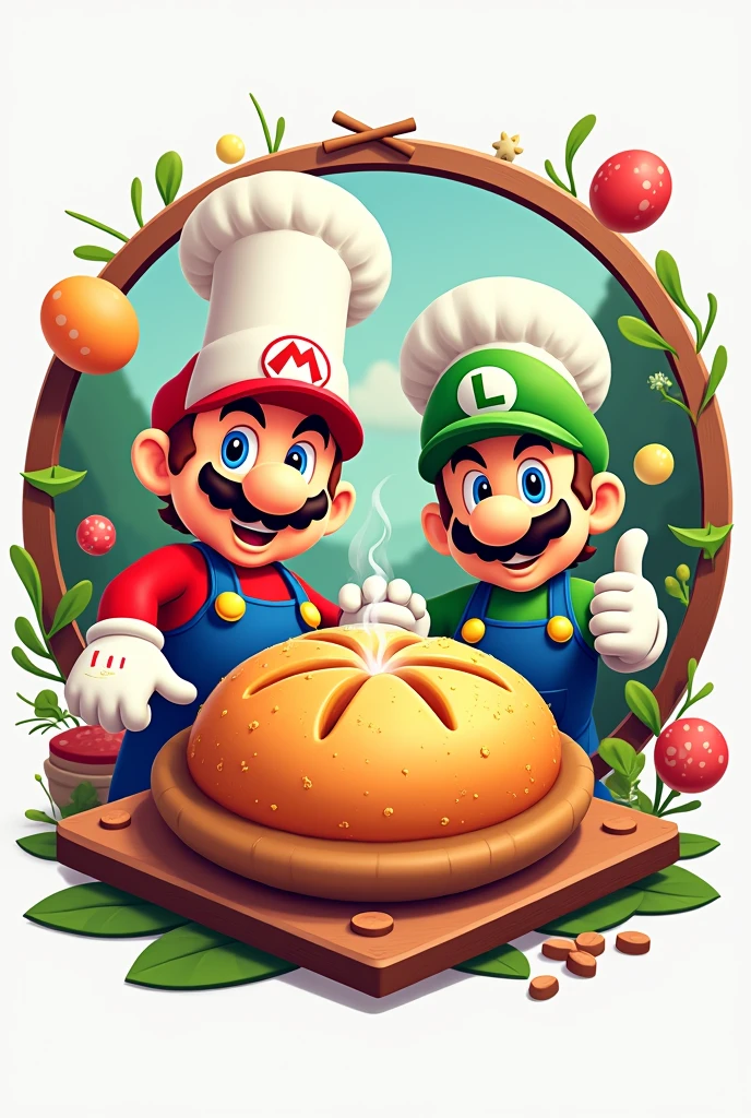 Make me a logo of Mario bros dressed as a chef with a cassava bread and a creative background