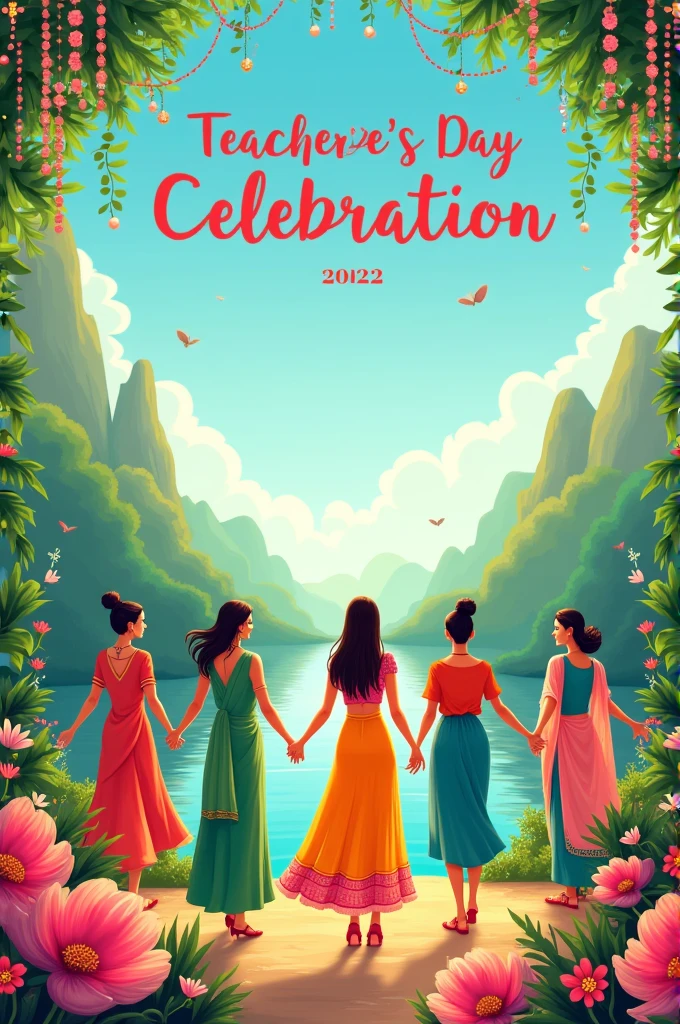 Create a landscape invitation card for teachers day celebration write main heading thiers (teacher's day celebration 2024) and write this also (Bollywood themed fashion show and 1 min games) in a very beautiful manner and use very good fresh and light background related to teachers