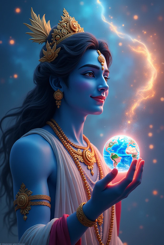 God krishna sigma smile skin tone blue fly in galaxy in hand erth