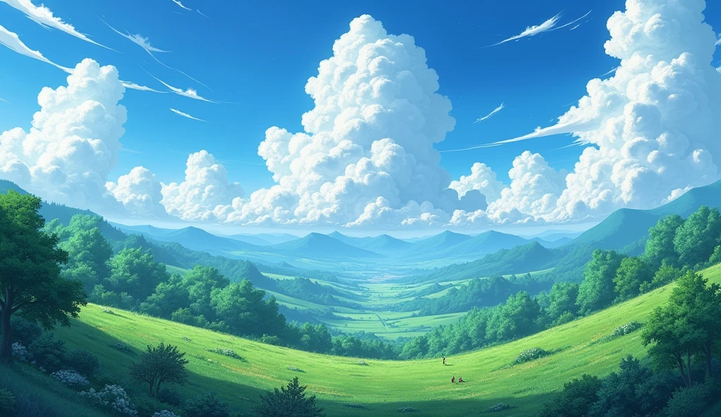 Masterpiece、An illustration、High definition、８K、Ghibli style、landscape、nature、summer、cumulonimbus、