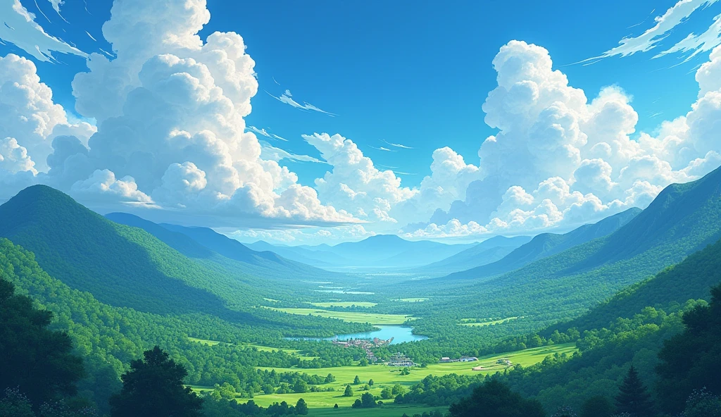 Masterpiece、An illustration、High definition、8K、Ghibli style、landscape、nature、summer、cumulonimbus、