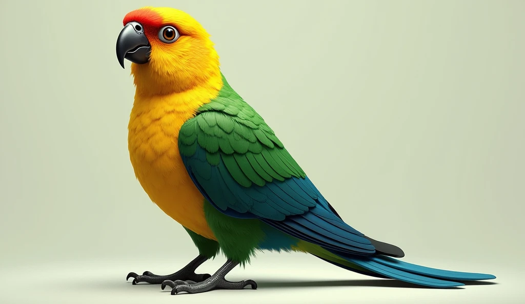 Create an image of a majestic bird with vibrant plumage inspired by the colors of the Brazilian flag. The bird should have a deep green body, bright yellow chest, and blue tail feathers. Its wings should have a blend of green and blue with subtle yellow accents. The bird’s eyes should be striking with a hint of white around them. The background should be a soft, neutral color that contrasts well with the bird's vibrant colors, making it the focal point of the image.