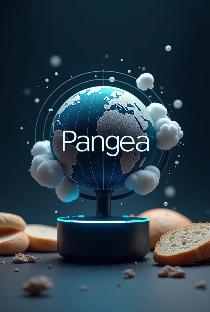 A logo with a globe with a stand, a font that says Pangea, a loaf of bread and some clouds and related to an Alexa echo dot and it looks futuristic