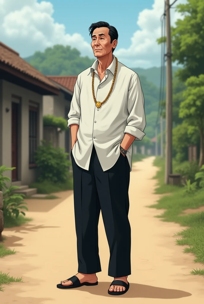 A 50years man with black full hair wearing white shirt and black pant and wearing gold chain and slippers standing on the road waiting for in the village, give full body of image