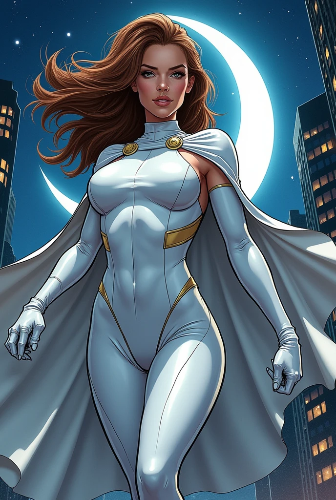 Best quality, 8K, vivid color, woman retro futurism, static pose, looking to observer, brown hair, long eyelashes, ALL WHITE shiny leotard, cleavage, metalic details, light WHITE pantyhose, neutral sci-fi scenario