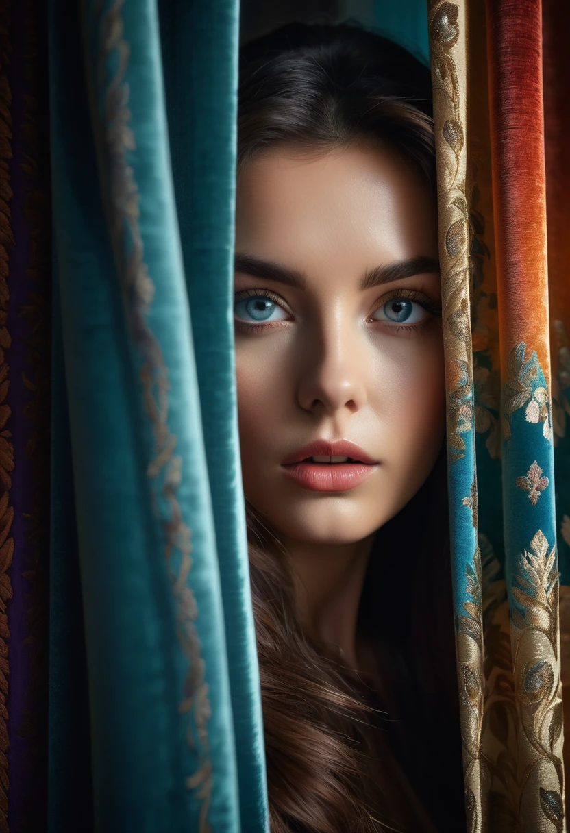 RAW photo, beautiful eyes, masterpiece, peeking out from behind the curtains, colorful details, award-winning, high detail, 8 K, daylight, analog film, detailed skin, stunning composition, complex parts, subsurface scattering, velvet hair, amazing textures, cinematic, chiaroscuro, soft light