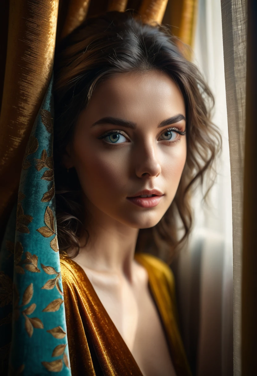 RAW photo, beautiful eyes, masterpiece, peeking out from behind the curtains, colorful details, award-winning, high detail, 8 K, daylight, analog film, detailed skin, stunning composition, complex parts, subsurface scattering, velvet hair, amazing textures, cinematic, chiaroscuro, soft light