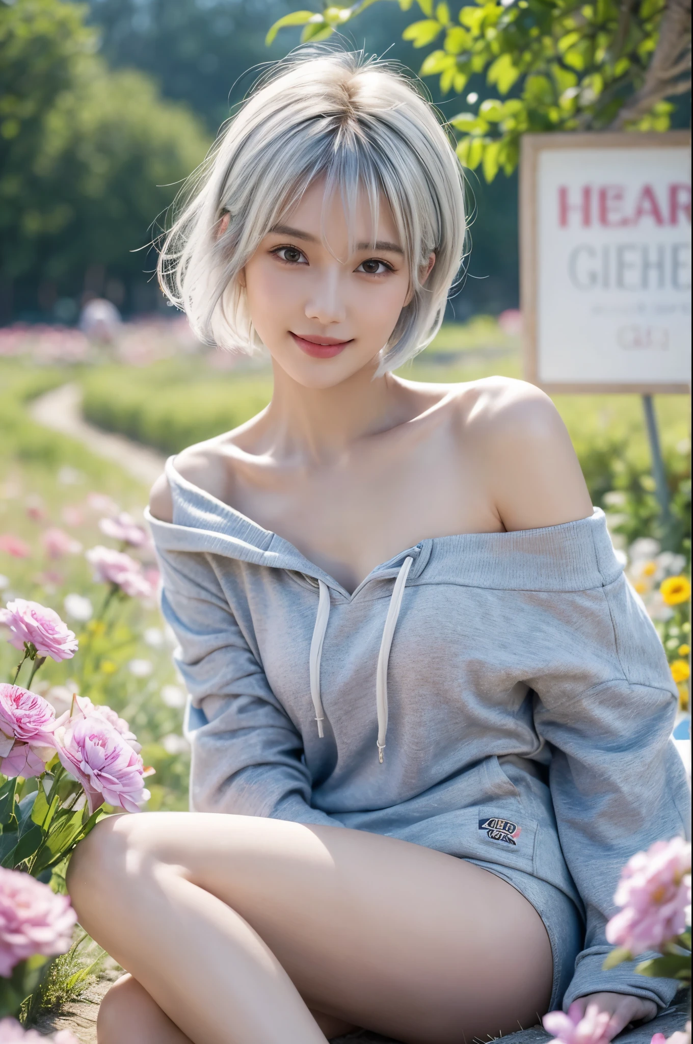 With many bouquets、masterpiece, Highest quality, Very detailed, 8k, Realistic, One Girl, alone, Tomboy, Very detailed face, (head shot:1.5), Standing in a field of colorful flowers, Pixie cut white hair, Wearing a large tank top, Wearing an off-the-shoulder hoodie,I can see your chest,Nice ass, close your eyes、Please open your mouth wide、smile, LOL