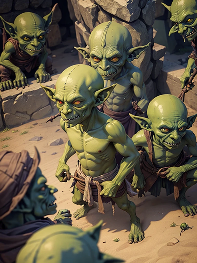 many goblins (goblin, green skin, pointy ears, dressed in rags), nasty goblin, want to fucked girl, group of goblin, Raiding village