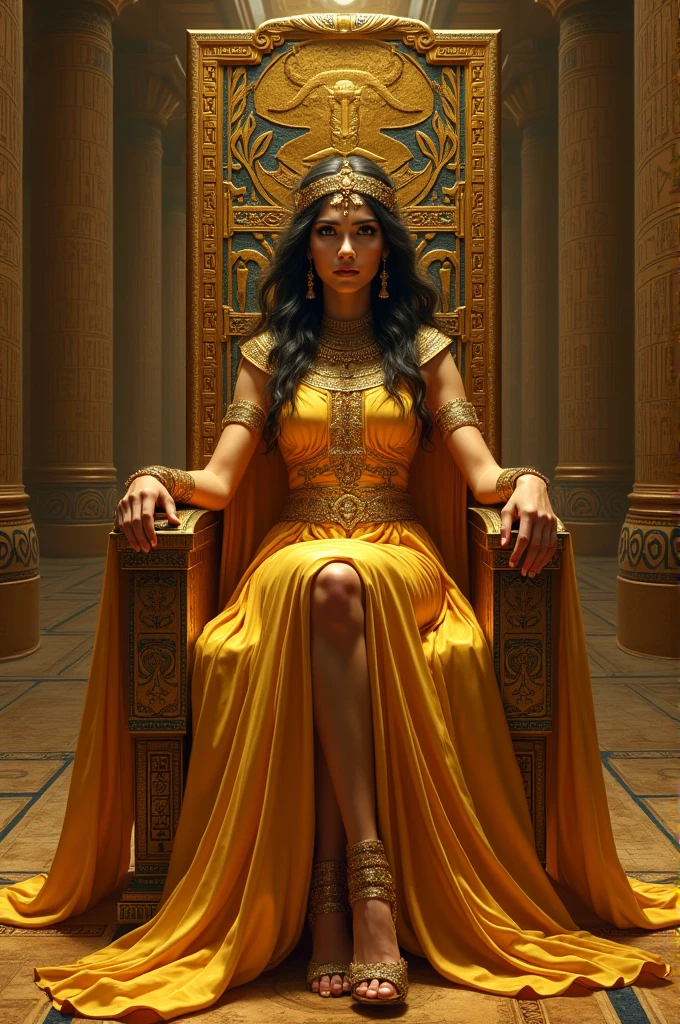 Cleopatra in a glamorous golden outfit, sitting on her throne in a grand Egyptian palace, with exaggerated royal symbols around her. Make it historical images looks