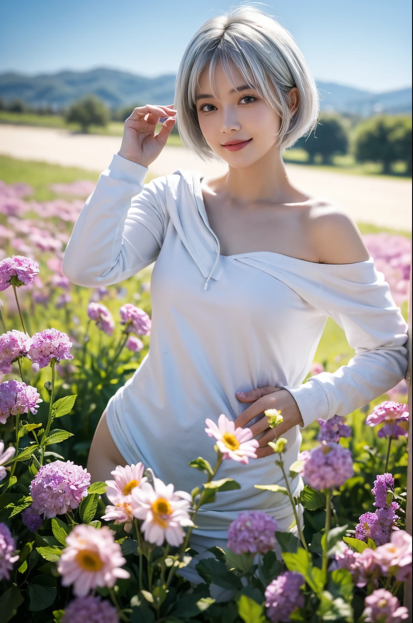 With many bouquets、masterpiece, Highest quality, Very detailed, 8k, Realistic, One Girl, alone, Tomboy, Very detailed face, (head shot:1.5), Standing in a field of colorful flowers, Pixie cut white hair, Swimwear, Wearing an off-the-shoulder hoodie,I can see your chest,Nice ass, smile, LOL