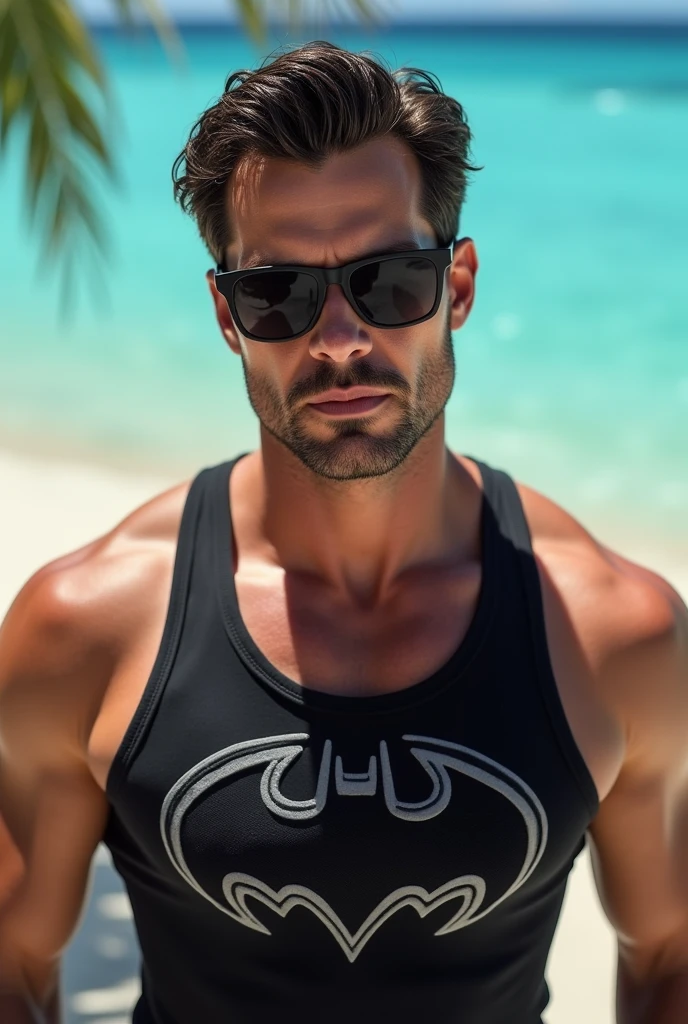 Henry Cavill british actor wearing a black Batman logo grey tank and black sunglasses at a caribean beach day time blue sky