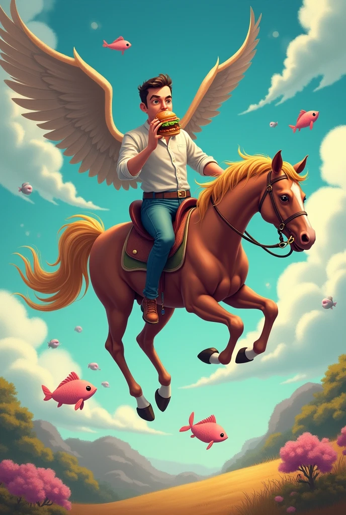 A man on a horse that is flying while eating a hamburger and behind him there is a pink fish 