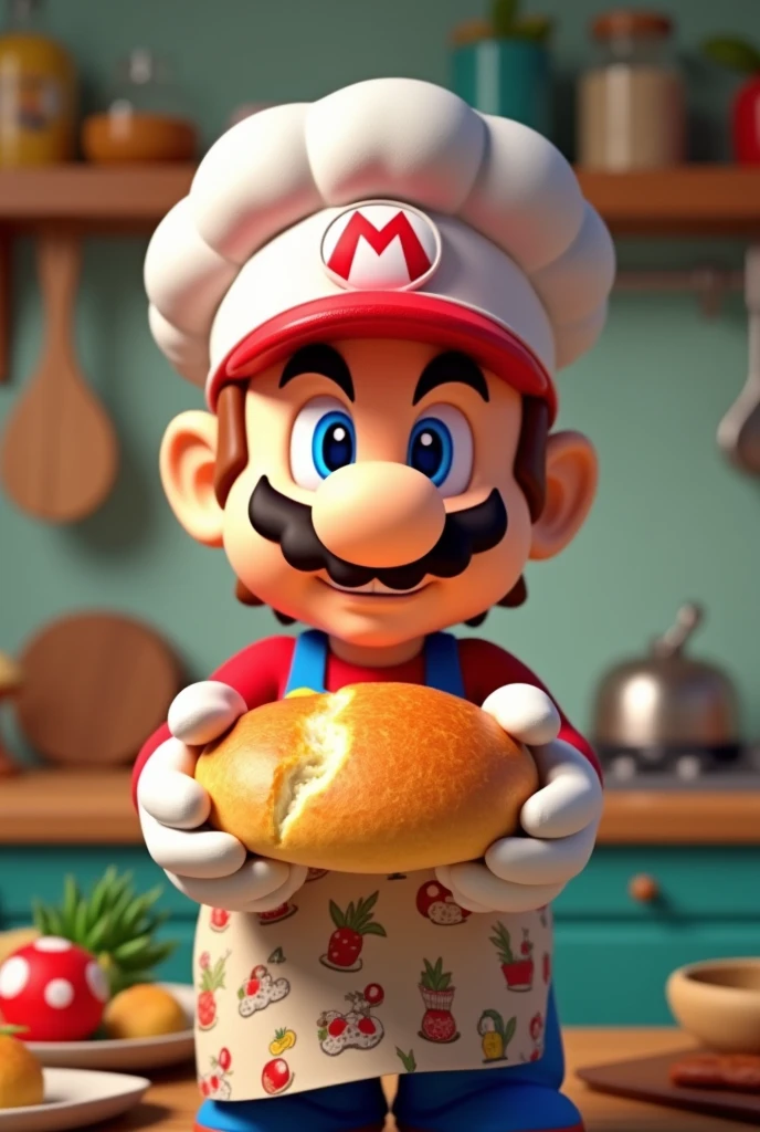 Make me a Mario bros logo dressed as a chef with a cassava bread