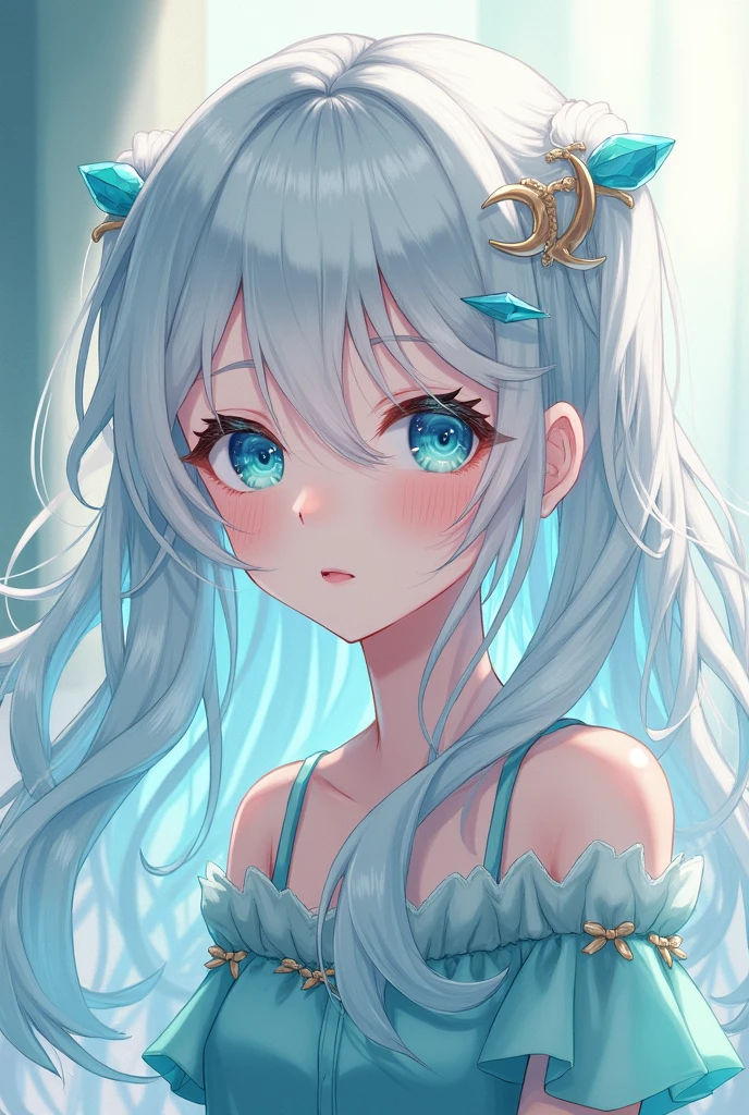 An anime girl about . She has white and turquoise long curly hair, and blue eyes that sparkle like crystals. Her hair is loosely tied on both sides with crescent-shaped hairpins. I want her more shy and mature