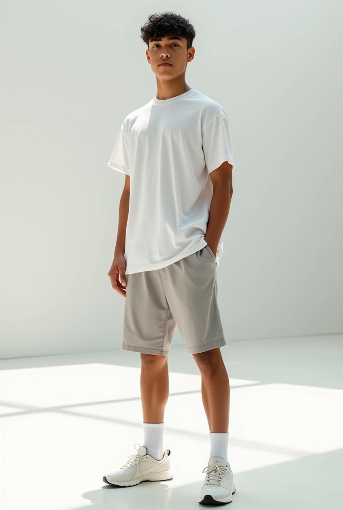 Create the image of a man , stark, offwhite, wearing sweat shorts, a t-shirt and a New Balance sneaker. Create a sporty look that combines different, soft colors.