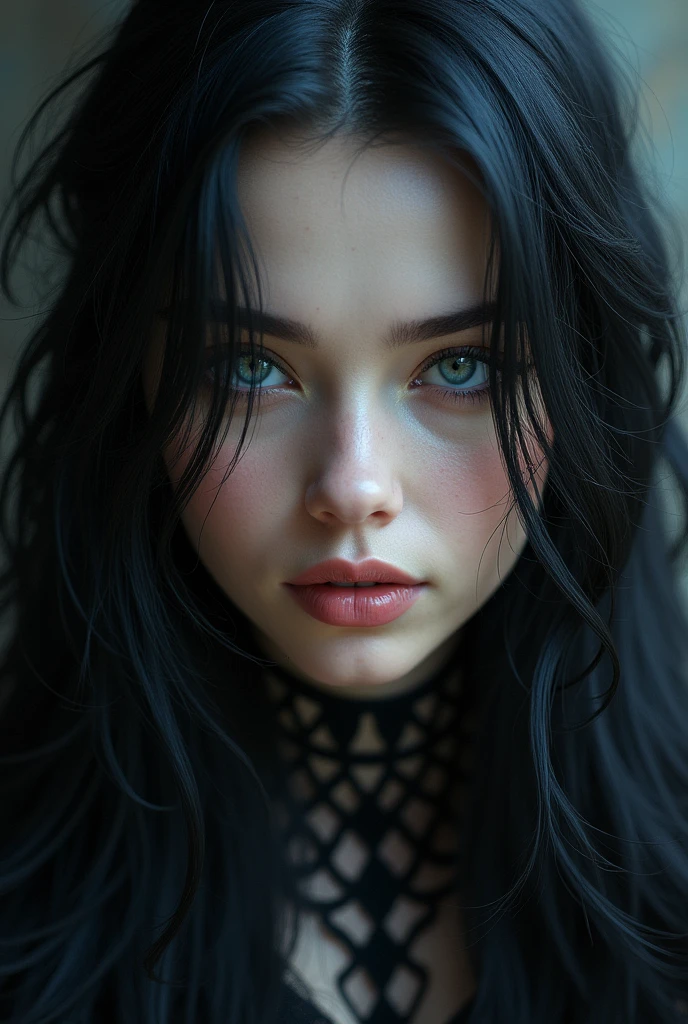 A young woman with blue eyes, black hair, villainous beauty, fair skin, long hair