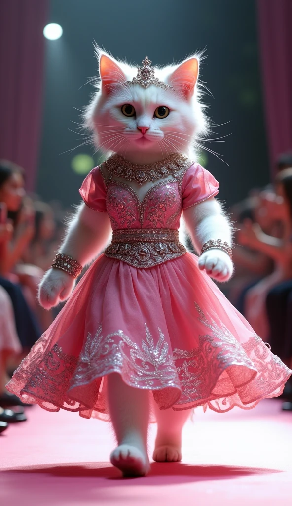 "A cute white cat walks confidently on two legs down a fashion runway, dressed in a vibrant pink lehenga with silver embellishments. The cat wears matching silver jewelry, including a tiny tiara, as onlookers admire her and snap photos."