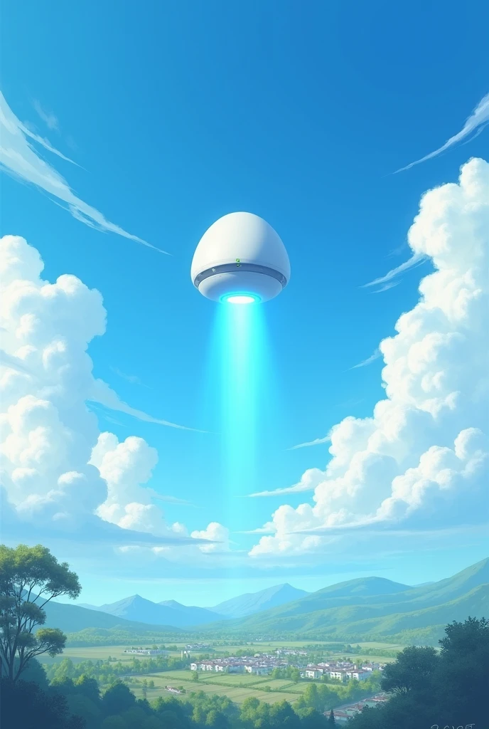 Blue sky with clouds and a white Tylenol shaped capsule ufo in the sky and the view of land and homes down below close up large with blue beon light in the middle