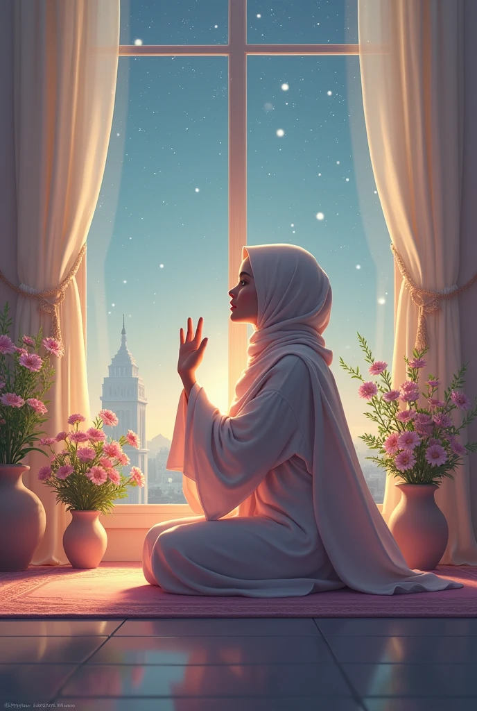 Create a visually calming and appealing thumbnail for a Muslim lady,  wearing Muslim dress, covered her hear with hijab, sitting in peay carpet, raised her hand and looking up,  Feature a serene night scene with soft pastel colors, a cozy room with ambient lighting, and a window showing a tranquil cityscape or starry sky. you can see flowers and greenery and rain in the glass of the window,  around the window there is off-white curtains and nice lightining reflected on the curtains 