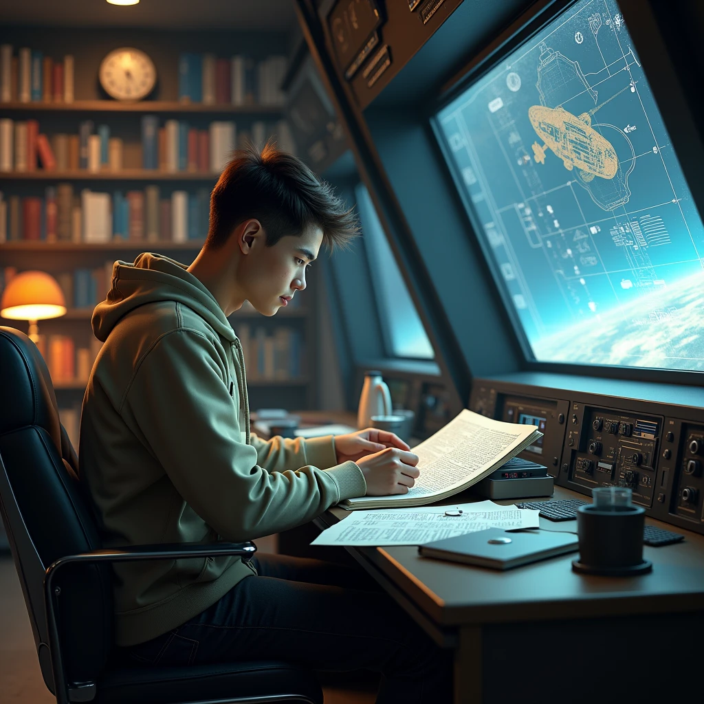 Leo spent hours in the library and on the school flight simulator., practicing how to pilot spaceships.