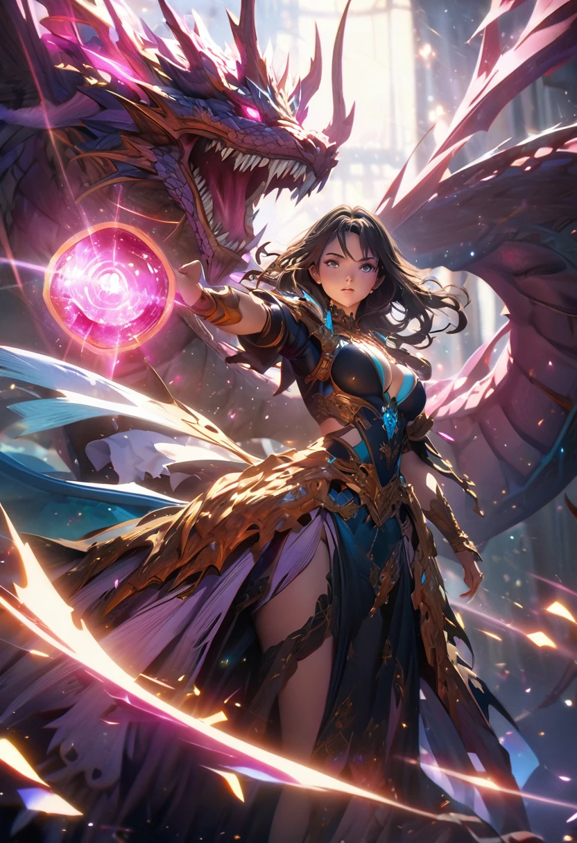 A hand holding an anime magic card featuring a Dragon and girl from a magical world in full height, with sparking and Glowing colors, sparkles around it creating a magical atmosphere, beautiful light effects, in the fantasy style, anime art style, with hyperrealistic details, high resolution, high detail, sharp focus, as if in a studio lighting, like concept art, with a cinematic style.