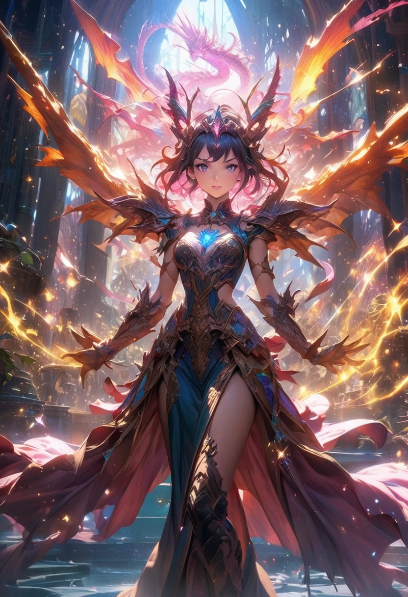 A hand holding an anime magic card featuring a Dragon and girl from a magical world in full height, with sparking and Glowing colors, sparkles around it creating a magical atmosphere, beautiful light effects, in the fantasy style, anime art style, with hyperrealistic details, high resolution, high detail, sharp focus, as if in a studio lighting, like concept art, with a cinematic style.
