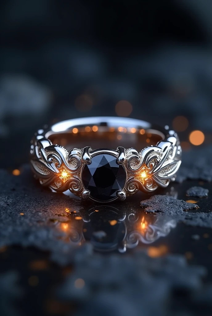 a beautiful detailed silver wedding ring with a black diamond, the ring is very thin and the diamond is not embedded, intricate engraved patterns, glowing inner light, ethereal atmospheric lighting, extremely detailed, 8k, photorealistic, studio lighting, physically-based rendering, vibrant colors, cinematic composition