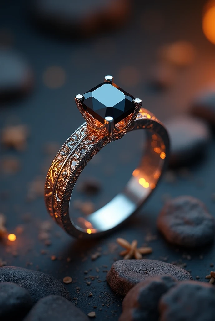 a beautiful detailed silver wedding ring with a black diamond, the ring is very thin and the diamond is not embedded, intricate engraved patterns, glowing inner light, ethereal atmospheric lighting, extremely detailed, 8k, photorealistic, studio lighting, physically-based rendering, vibrant colors, cinematic composition