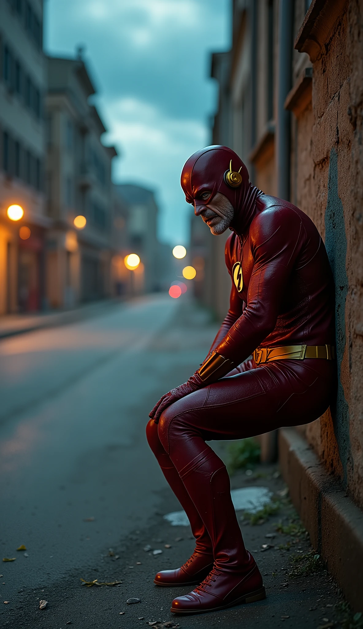 Old Flash or Barry Allen, 8 now slower, tries to run but stumbles. His lightning is dim and flickering. He catches his breath, leaning on a wall. Background: A deserted city street at dusk, the sky filled with ominous clouds. Narration: "The speedster's race against time... is coming to an end."